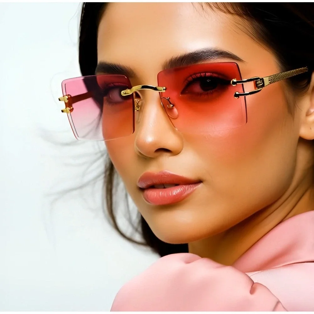 Rimless‎ Sunglasses Pink Lens Gold Frame Rectangle Fashion Shades Classic Retro